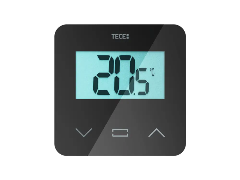 TECE Raumbediengerät mit LCD-Display zeigt die Temperatur von 20,5 °C an. Minimalistisches Design mit Bedienelementen zur Temperaturregelung.